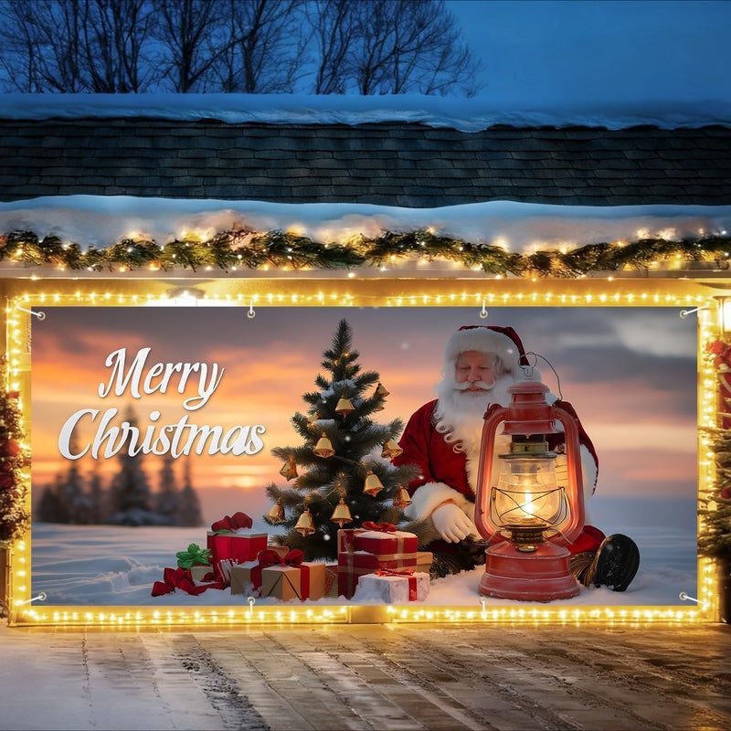 THISFIND Christmas Garage Door Banner with Santa Claus and Christmas Tree – Holiday Garage Mural Cover with Oil Lantern, Gifts, and Sunset Snow Scene – Outdoor Winter Decoration for Home - Image 1